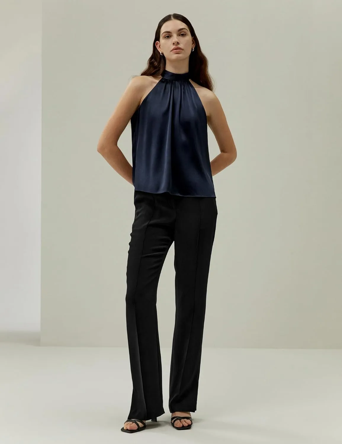 LilySilk Womens Pure Silk Shirt Ladies Sleeveless Halter Neck Blouse Top with Pleated Neckline and Refined Cut for Vacation