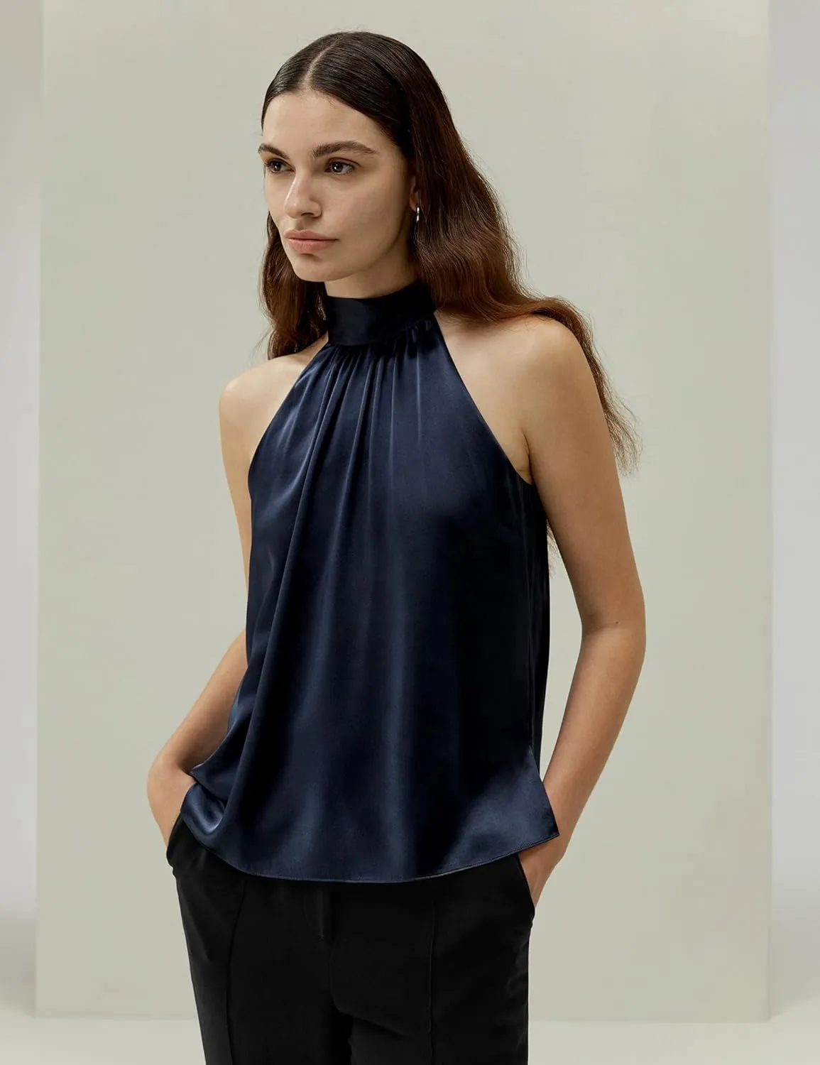 LilySilk Womens Pure Silk Shirt Ladies Sleeveless Halter Neck Blouse Top with Pleated Neckline and Refined Cut for Vacation