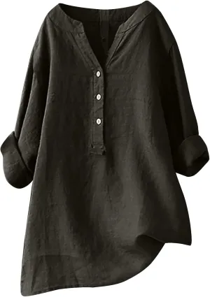 Linen Button Up Shirts for Women Plus Size Long Sleeve v Neck Summer Tops Loose Fit Dressy Casual Solid Blouses