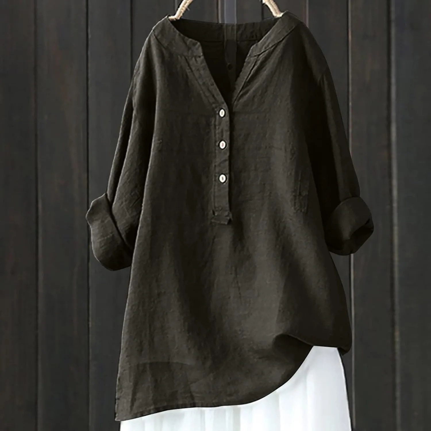 Linen Button Up Shirts for Women Plus Size Long Sleeve v Neck Summer Tops Loose Fit Dressy Casual Solid Blouses