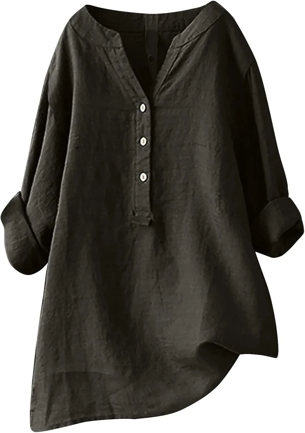Linen Button Up Shirts for Women Plus Size Long Sleeve v Neck Summer Tops Loose Fit Dressy Casual Solid Blouses