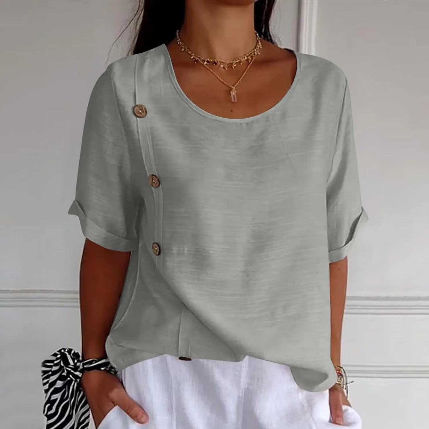 Linen Tops for Women Summer Loose Fit Crewneck Button Down Blouse Shirts Dressy Casual Short Sleeve Clothes