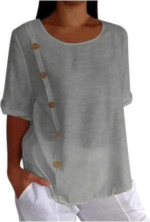 Linen Tops for Women Summer Loose Fit Crewneck Button Down Blouse Shirts Dressy Casual Short Sleeve Clothes