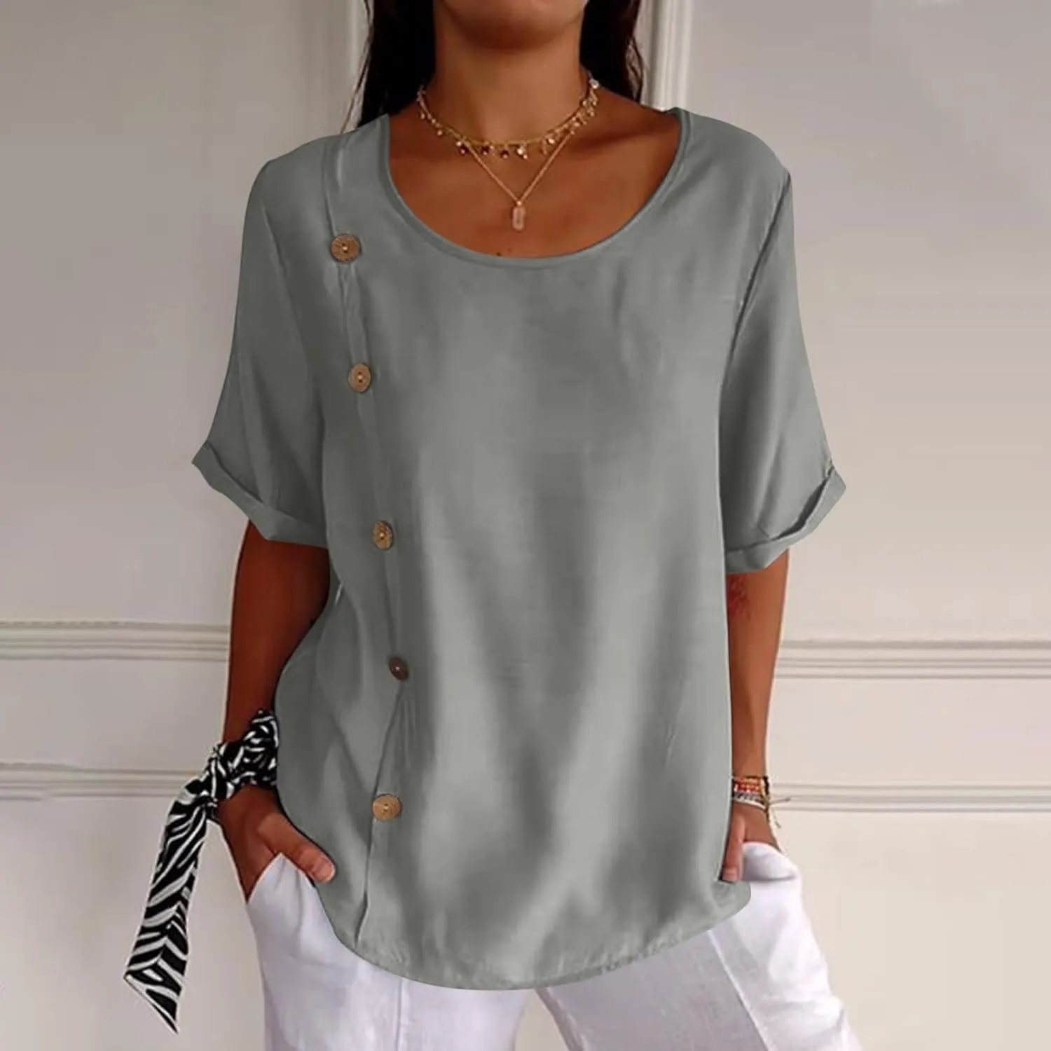 Linen Tops for Women Summer Loose Fit Crewneck Button Down Blouse Shirts Dressy Casual Short Sleeve Clothes