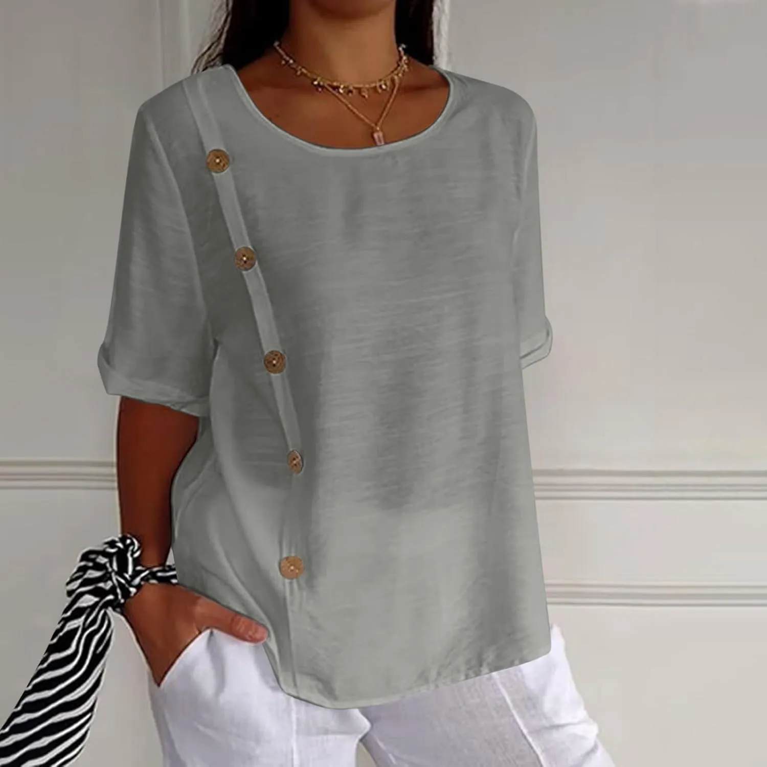 Linen Tops for Women Summer Loose Fit Crewneck Button Down Blouse Shirts Dressy Casual Short Sleeve Clothes