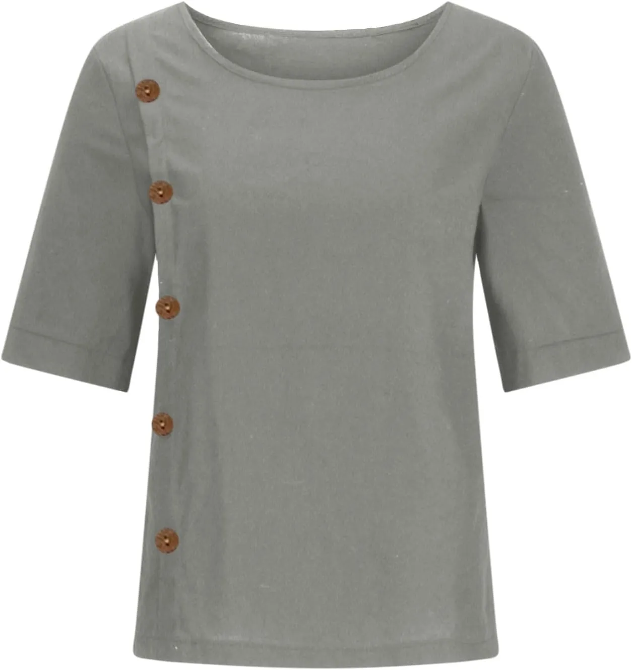 Linen Tops for Women Summer Loose Fit Crewneck Button Down Blouse Shirts Dressy Casual Short Sleeve Clothes