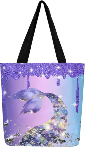 Little Cat Canvas Tote Bag,Sequin Fluid Art Travel Shopping Bag,Diamond Handbag Cute Pet Animal Kawaii Room Decor