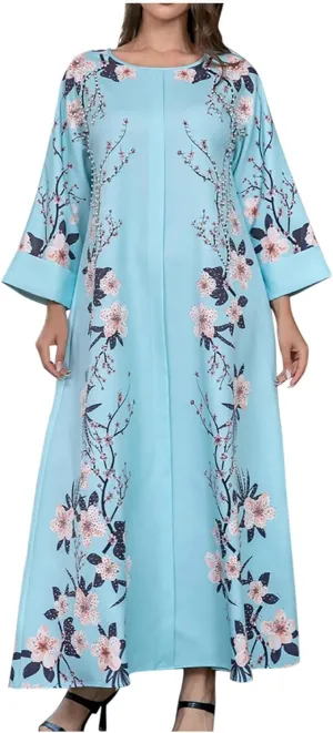 Lmdudan Women's Muslim Kaftan Islamic Abaya Prayer Dress Long Sleeve V Neck Self Tie Flowy Dresses Middle East Arabian Robe