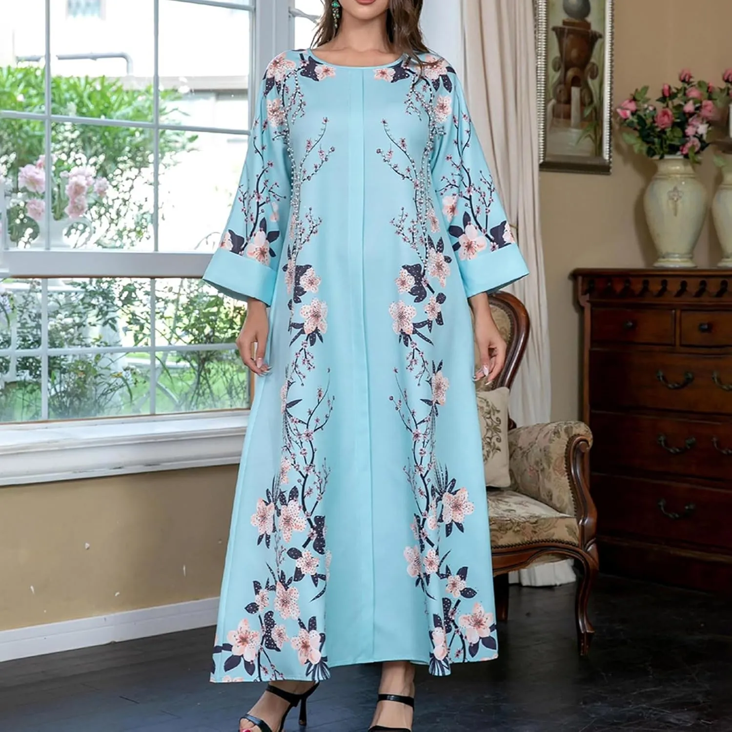 Lmdudan Women's Muslim Kaftan Islamic Abaya Prayer Dress Long Sleeve V Neck Self Tie Flowy Dresses Middle East Arabian Robe