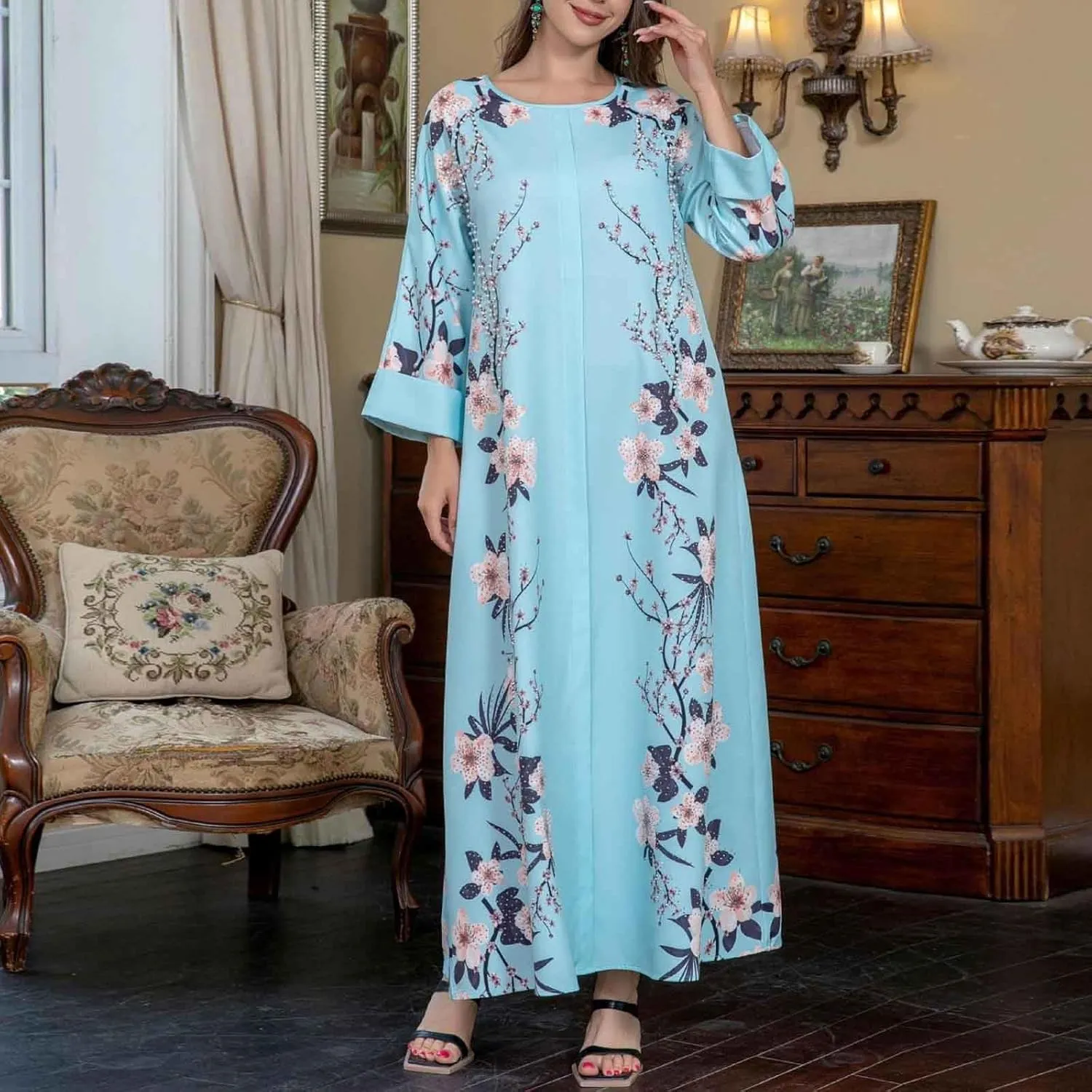 Lmdudan Women's Muslim Kaftan Islamic Abaya Prayer Dress Long Sleeve V Neck Self Tie Flowy Dresses Middle East Arabian Robe