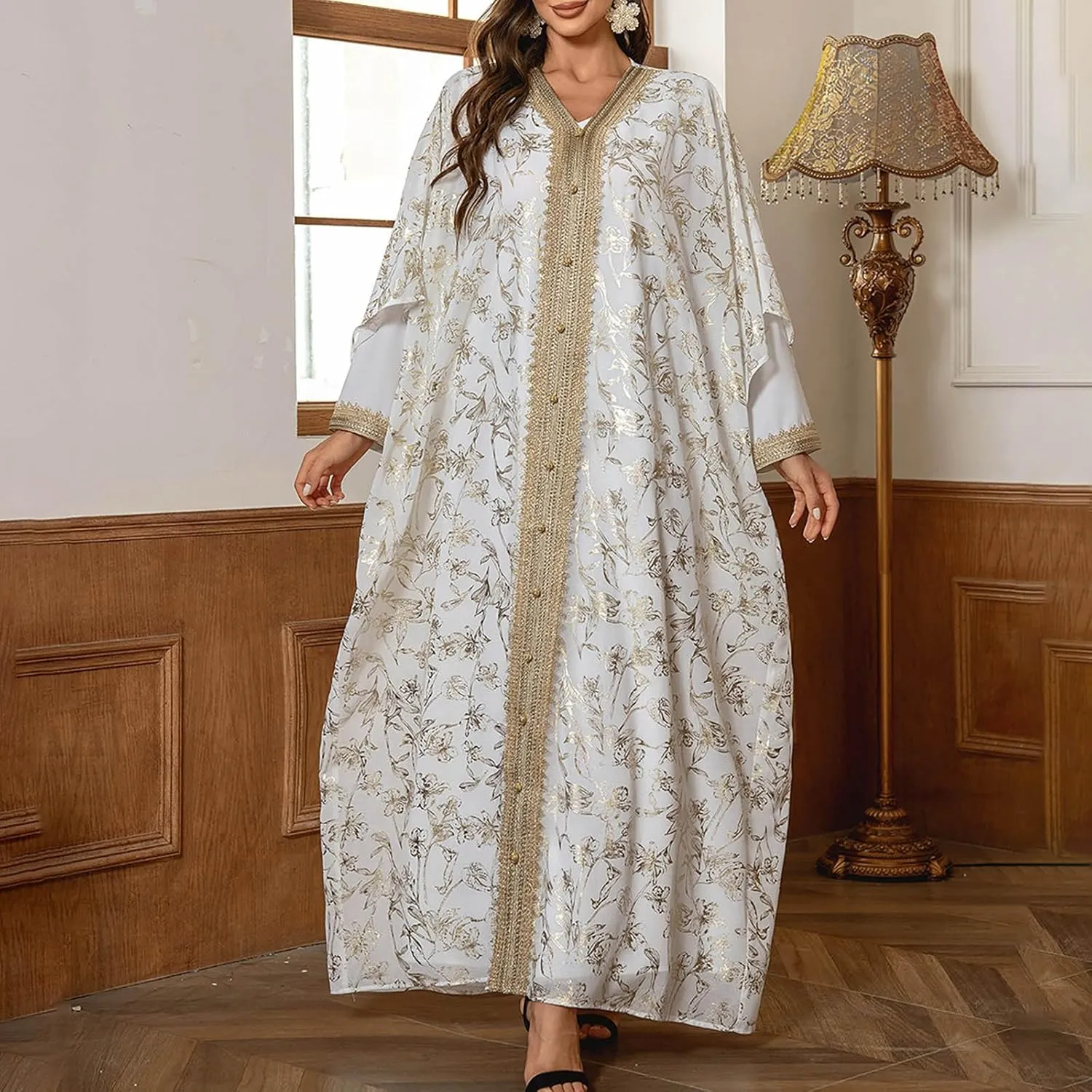 Lmdudan Women's Muslim Kaftan Islamic Abaya Prayer Dress Long Sleeve V Neck Self Tie Flowy Dresses Middle East Arabian Robe