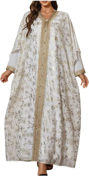 Lmdudan Women's Muslim Kaftan Islamic Abaya Prayer Dress Long Sleeve V Neck Self Tie Flowy Dresses Middle East Arabian Robe