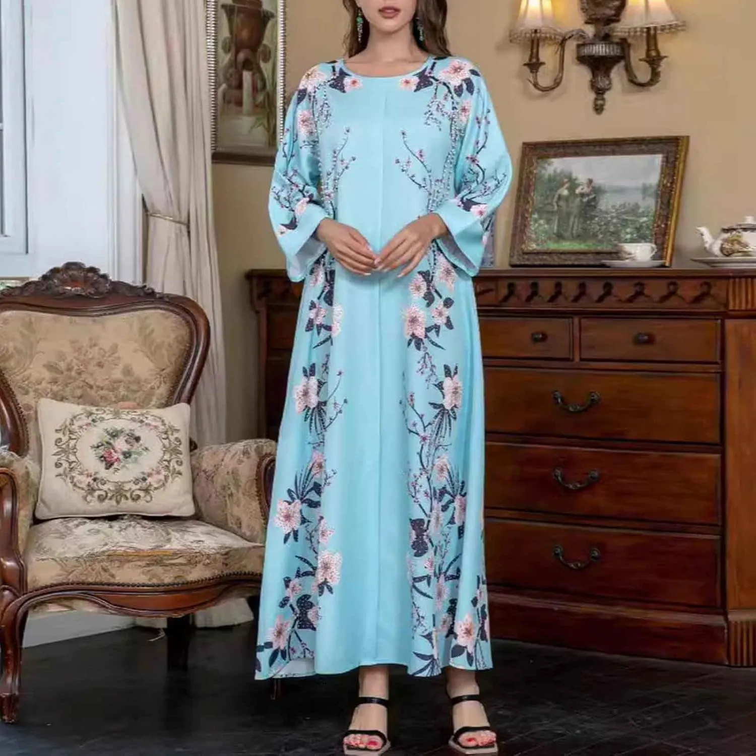 Lmdudan Women's Muslim Kaftan Islamic Abaya Prayer Dress Long Sleeve V Neck Self Tie Flowy Dresses Middle East Arabian Robe