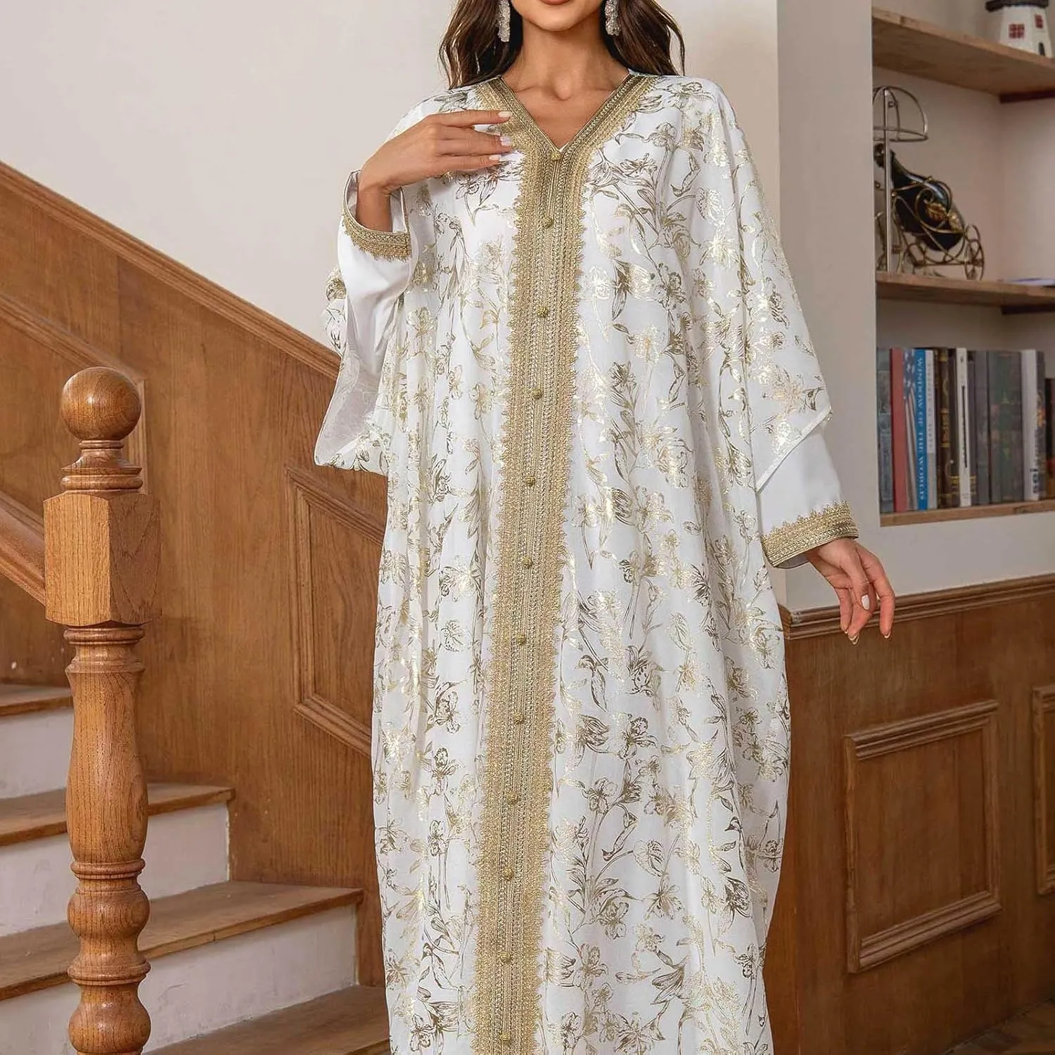 Lmdudan Women's Muslim Kaftan Islamic Abaya Prayer Dress Long Sleeve V Neck Self Tie Flowy Dresses Middle East Arabian Robe