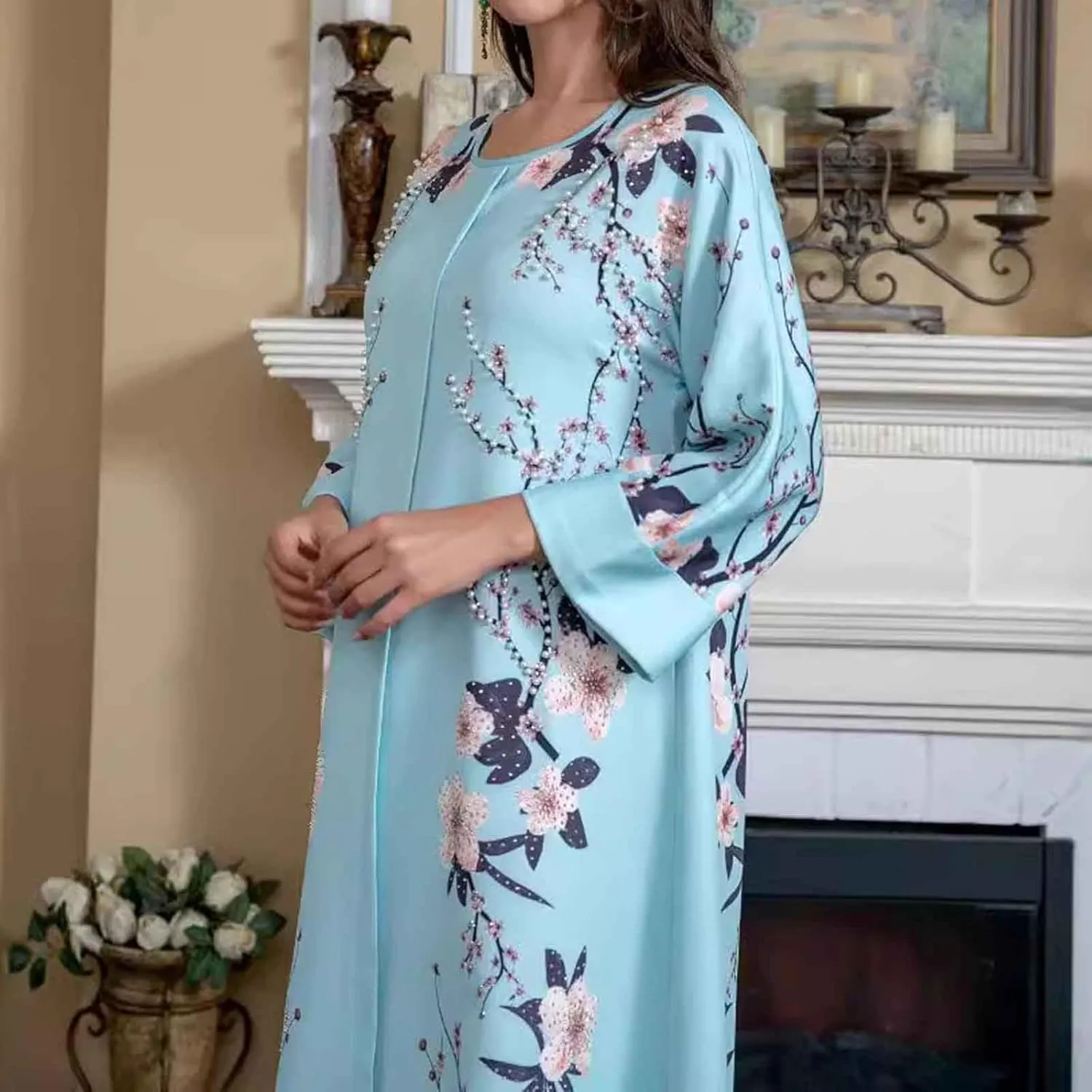 Lmdudan Women's Muslim Kaftan Islamic Abaya Prayer Dress Long Sleeve V Neck Self Tie Flowy Dresses Middle East Arabian Robe