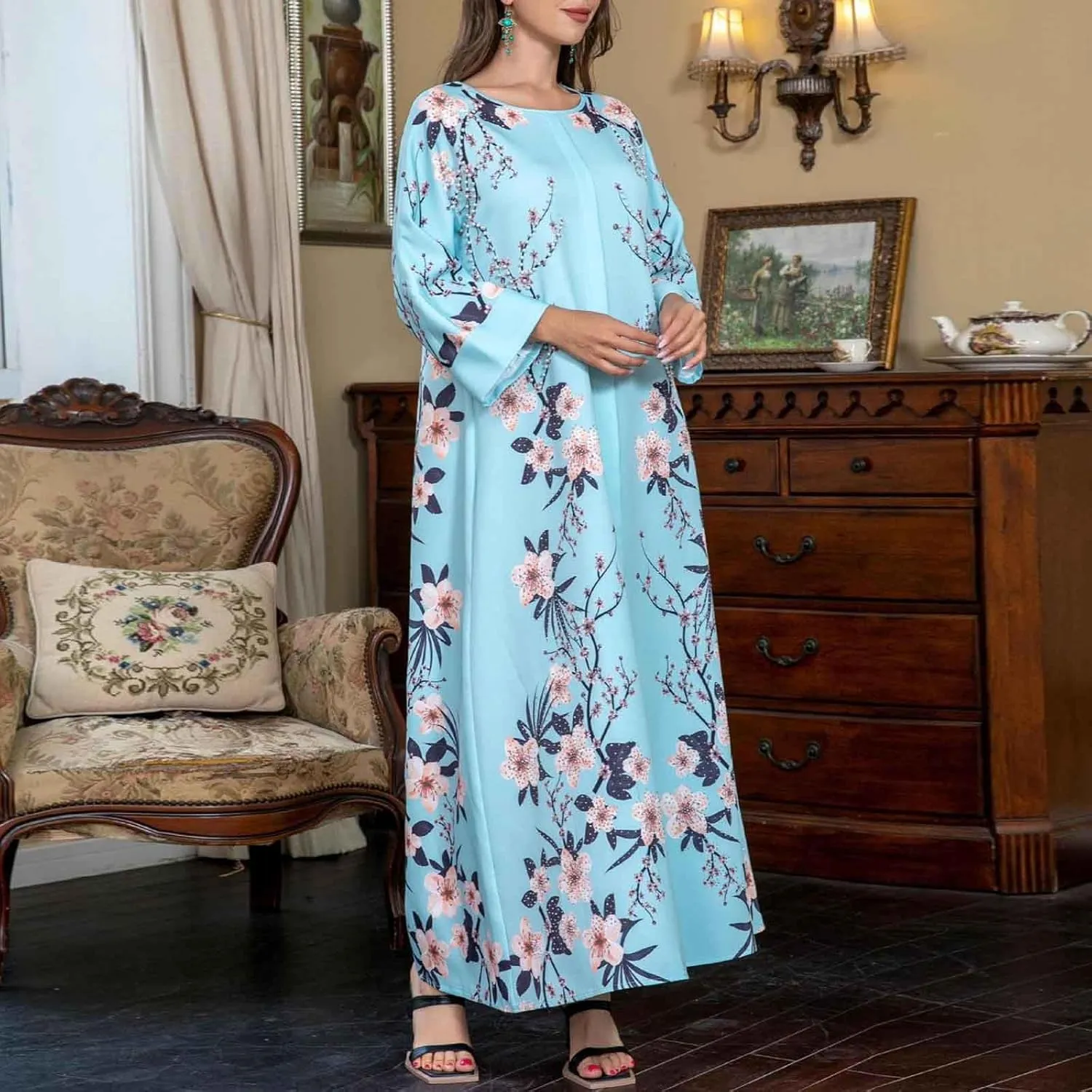 Lmdudan Women's Muslim Kaftan Islamic Abaya Prayer Dress Long Sleeve V Neck Self Tie Flowy Dresses Middle East Arabian Robe