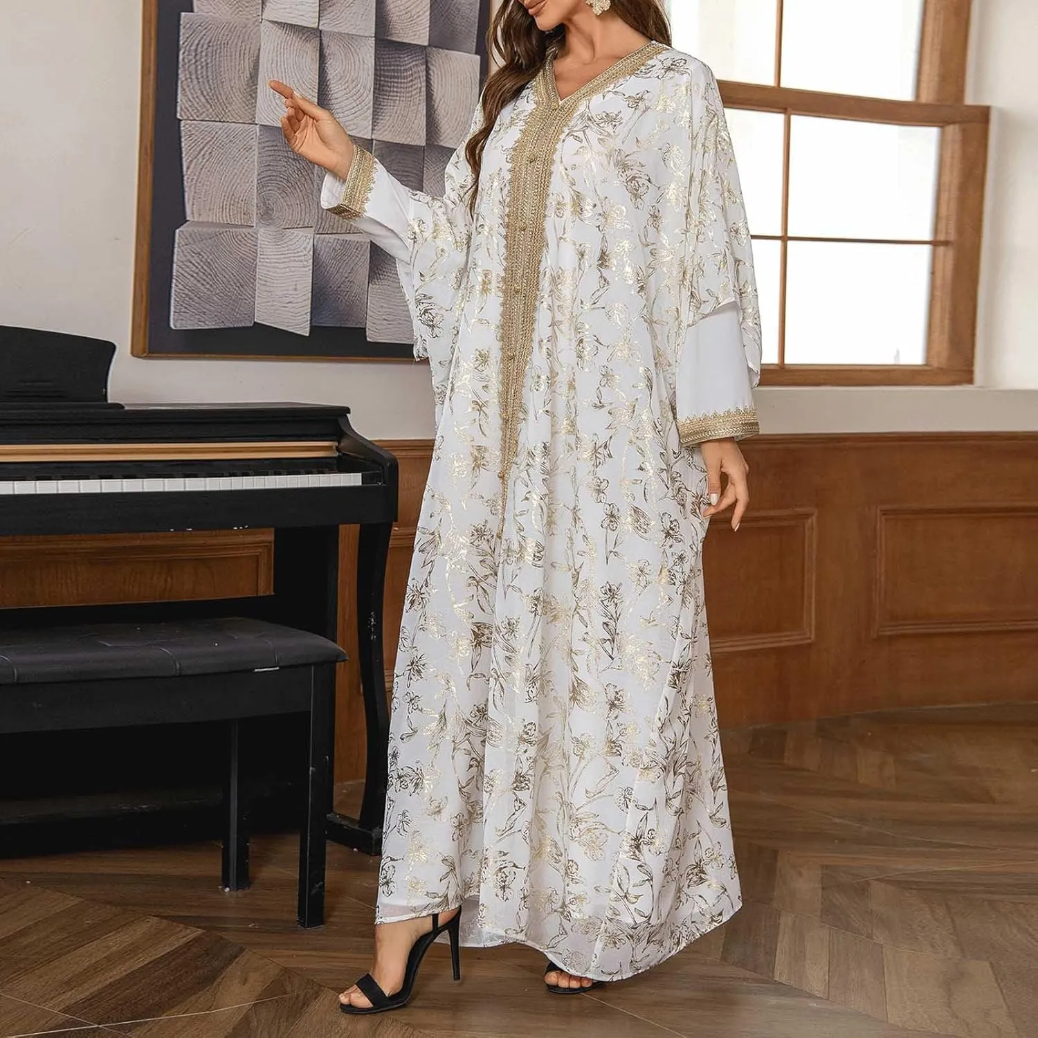 Lmdudan Women's Muslim Kaftan Islamic Abaya Prayer Dress Long Sleeve V Neck Self Tie Flowy Dresses Middle East Arabian Robe