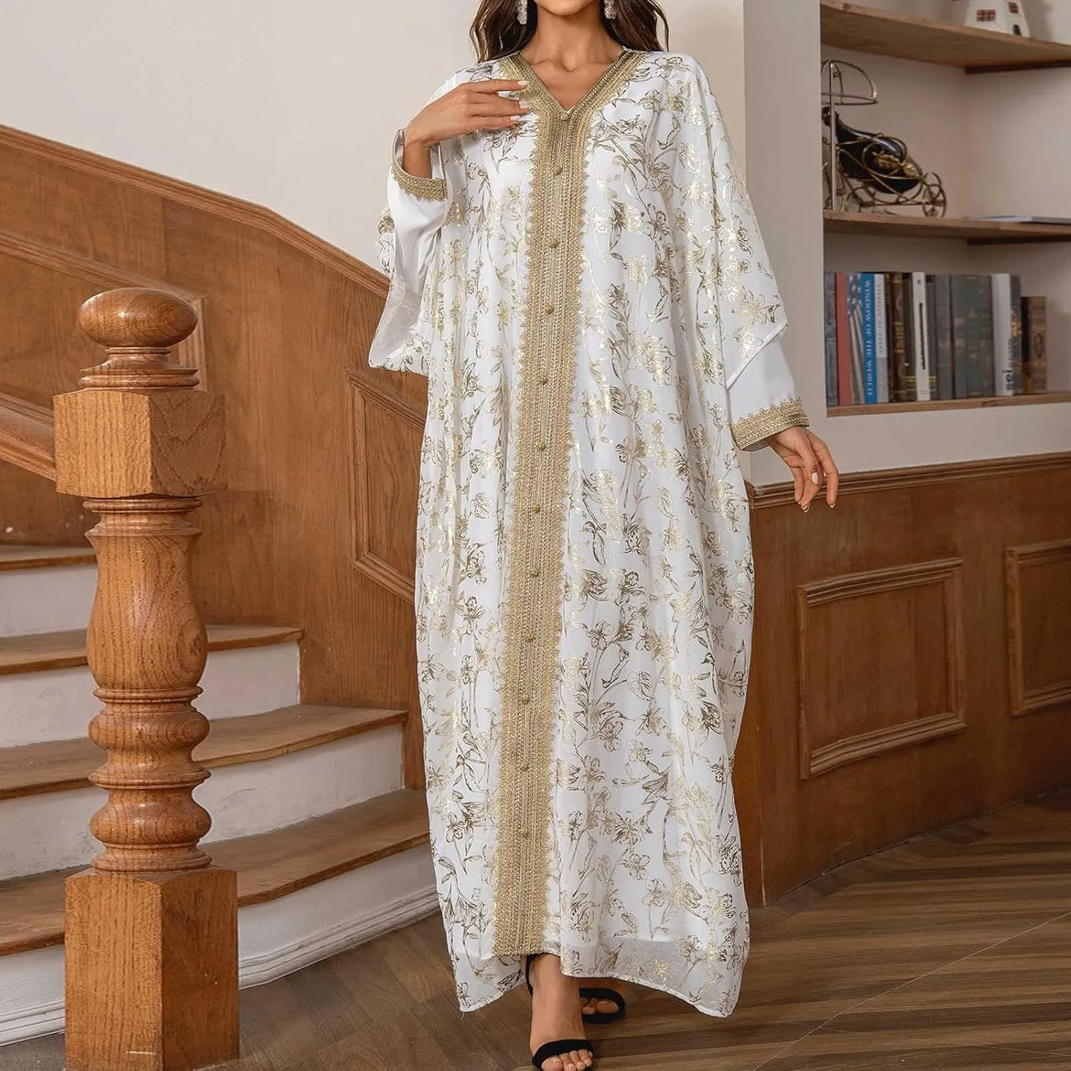 Lmdudan Women's Muslim Kaftan Islamic Abaya Prayer Dress Long Sleeve V Neck Self Tie Flowy Dresses Middle East Arabian Robe