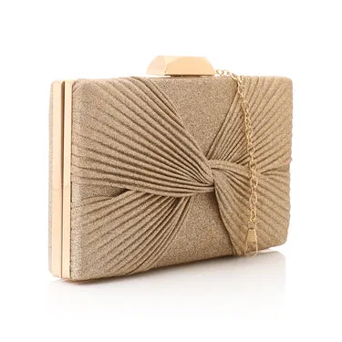 Lock Closure Glittery Pleated Soiree Clutch - Gold