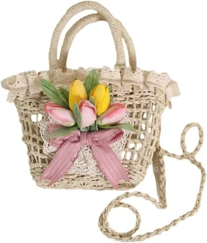 Lolita Straw Bag Lace Flower Handbag Tote Handbags Straw Rattan Woven Handbag Straw Beach Bag Basket for Women