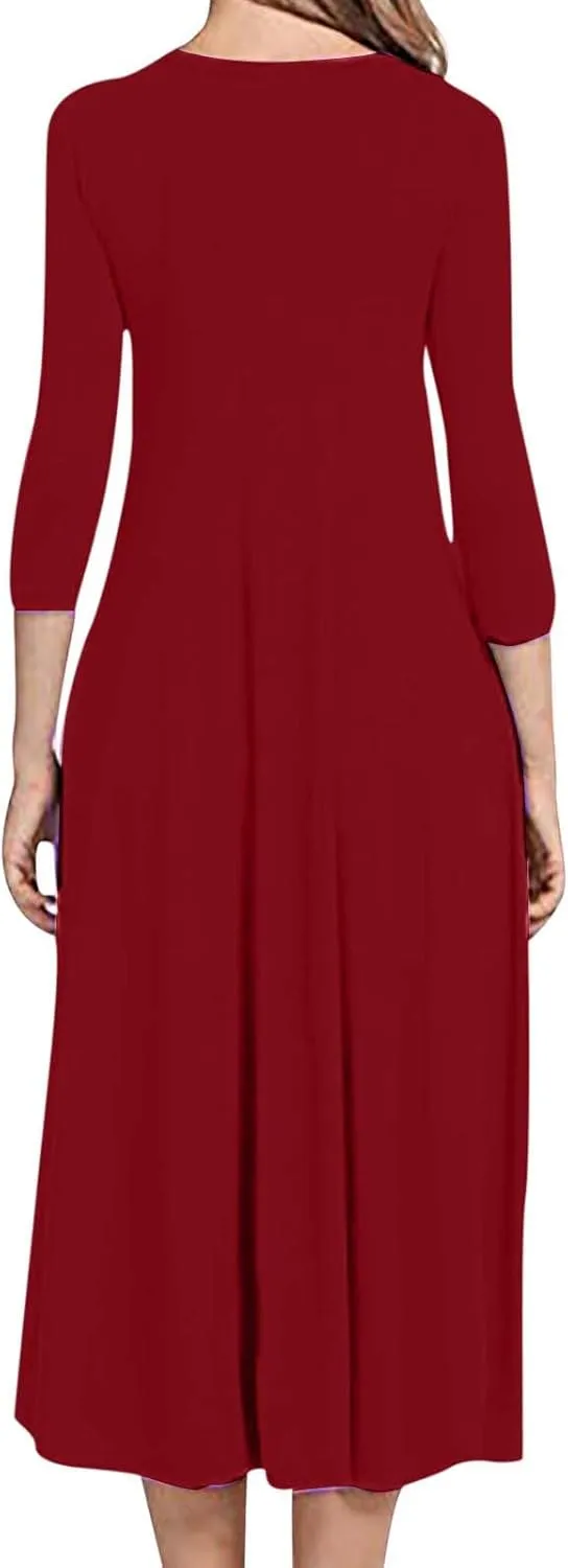 Long Dresses for Women Casual Plus Size Solid 3/4 Sleeve Loose Fit Ruffle Flowy Maxi Dress Fall Outfits Clothes 2024