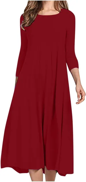 Long Dresses for Women Casual Plus Size Solid 3/4 Sleeve Loose Fit Ruffle Flowy Maxi Dress Fall Outfits Clothes 2024