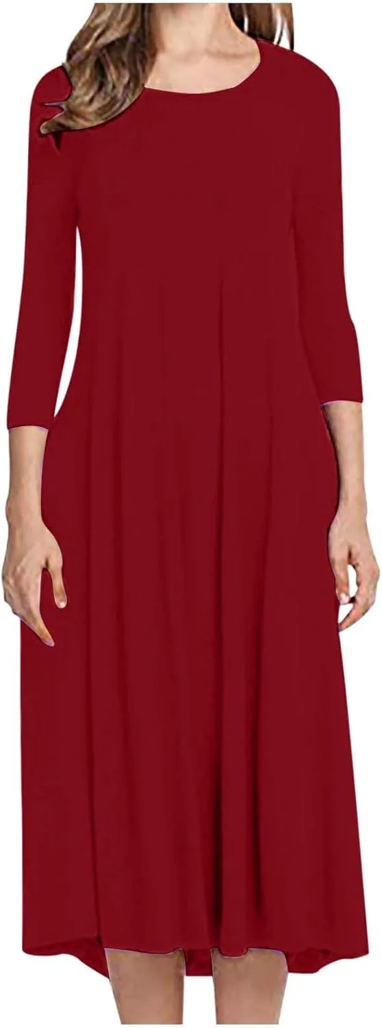Long Dresses for Women Casual Plus Size Solid 3/4 Sleeve Loose Fit Ruffle Flowy Maxi Dress Fall Outfits Clothes 2024