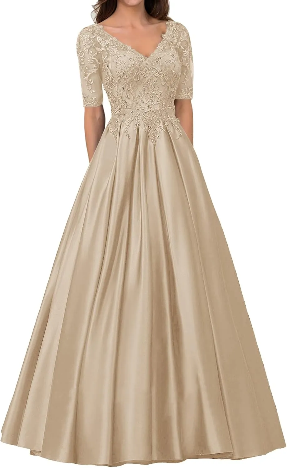 Long Formal Dresses Satin Mother of The Bride Dresses Lace Appliques Evening Dress V-Neck