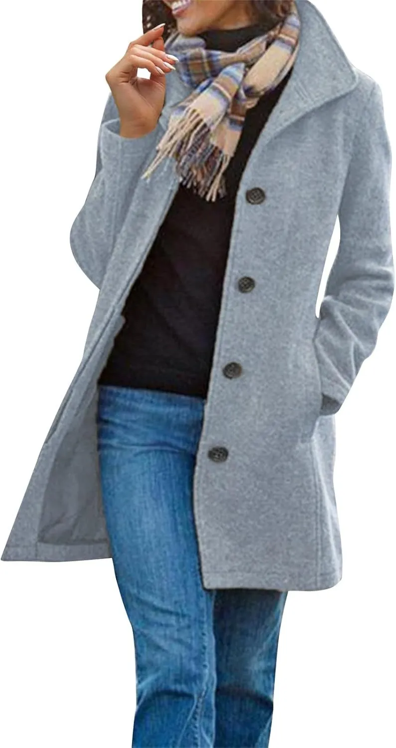 Long Pea Coats for Women Winter Stand Collar Single Breasted Wool Coats Wool Blend Peacoat Thicken Blazer Jacket
