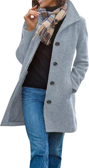 Long Pea Coats for Women Winter Stand Collar Single Breasted Wool Coats Wool Blend Peacoat Thicken Blazer Jacket