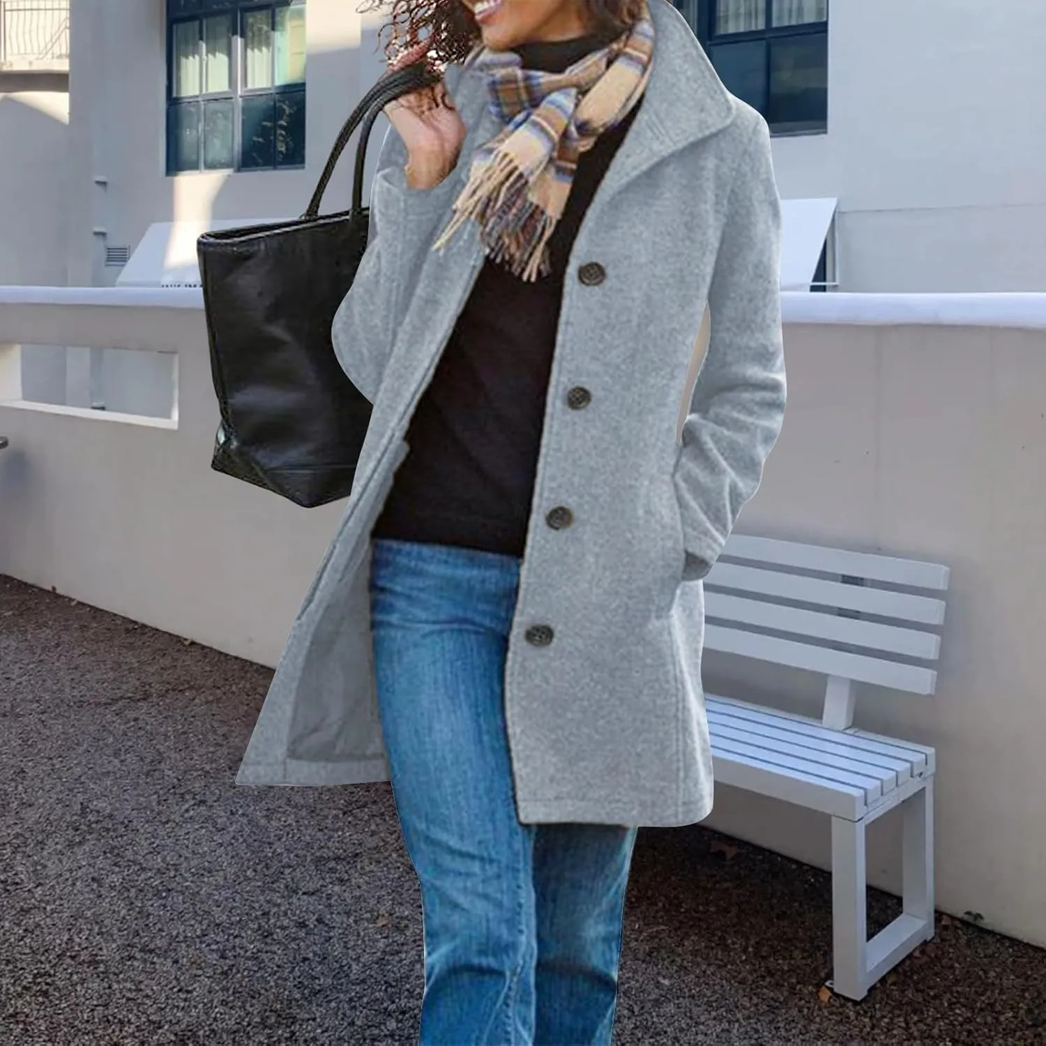 Long Pea Coats for Women Winter Stand Collar Single Breasted Wool Coats Wool Blend Peacoat Thicken Blazer Jacket