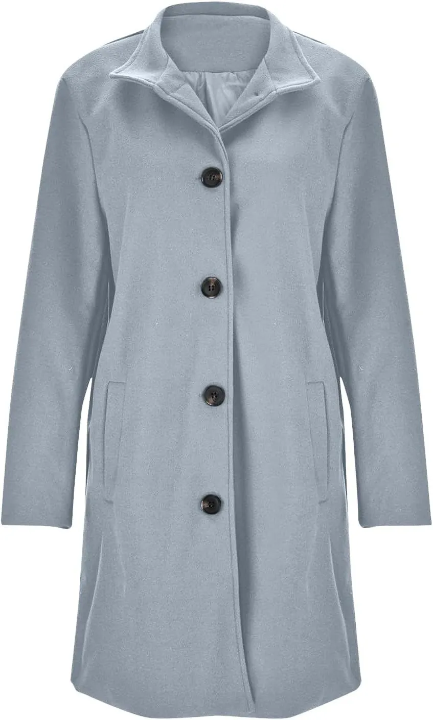 Long Pea Coats for Women Winter Stand Collar Single Breasted Wool Coats Wool Blend Peacoat Thicken Blazer Jacket