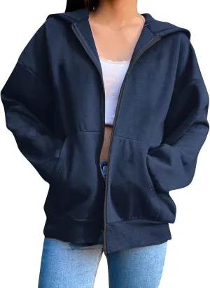 Long Sleeve Hooded Sweatshirt Coat Women Oversize Casual Jacket Zip Up Hoodies Cardigan Loose Outwear Fall Shirt