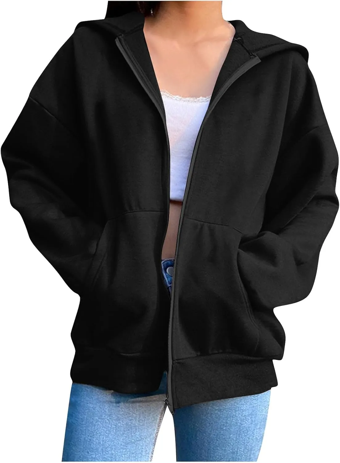 Long Sleeve Hooded Sweatshirt Coat Women Oversize Casual Jacket Zip Up Hoodies Cardigan Loose Outwear Fall Shirt