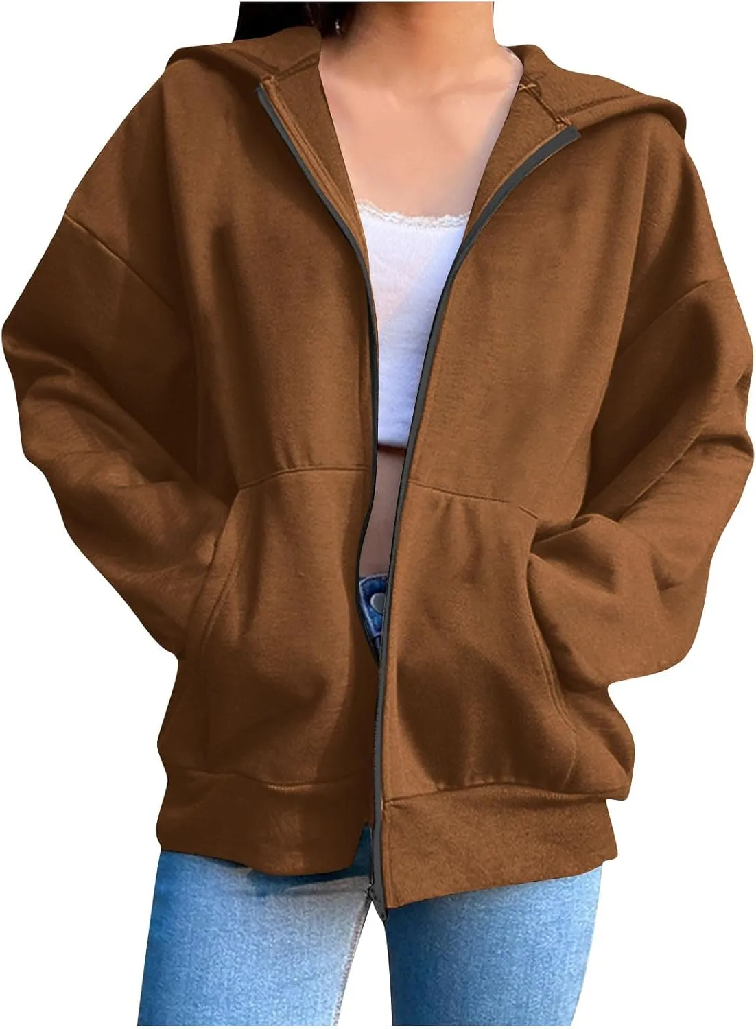 Long Sleeve Hooded Sweatshirt Coat Women Oversize Casual Jacket Zip Up Hoodies Cardigan Loose Outwear Fall Shirt