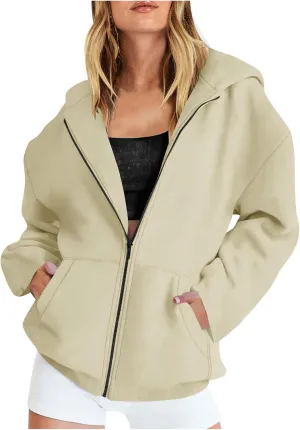 Long Sleeve Hooded Sweatshirt Coat Women Oversize Casual Jacket Zip Up Hoodies Cardigan Loose Outwear Fall Shirt