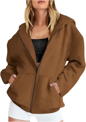 Long Sleeve Hooded Sweatshirt Coat Women Oversize Casual Jacket Zip Up Hoodies Cardigan Loose Outwear Fall Shirt
