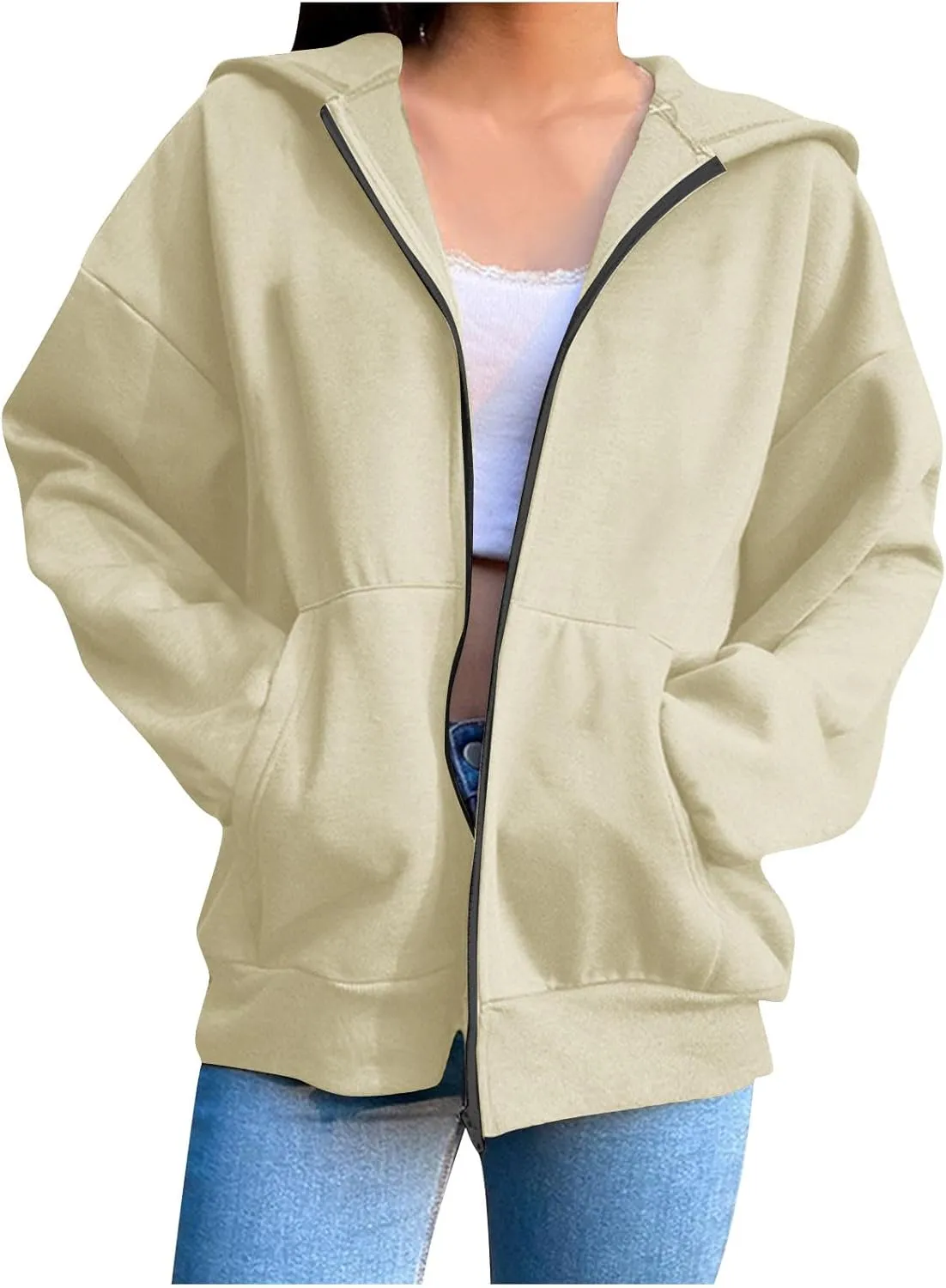 Long Sleeve Hooded Sweatshirt Coat Women Oversize Casual Jacket Zip Up Hoodies Cardigan Loose Outwear Fall Shirt