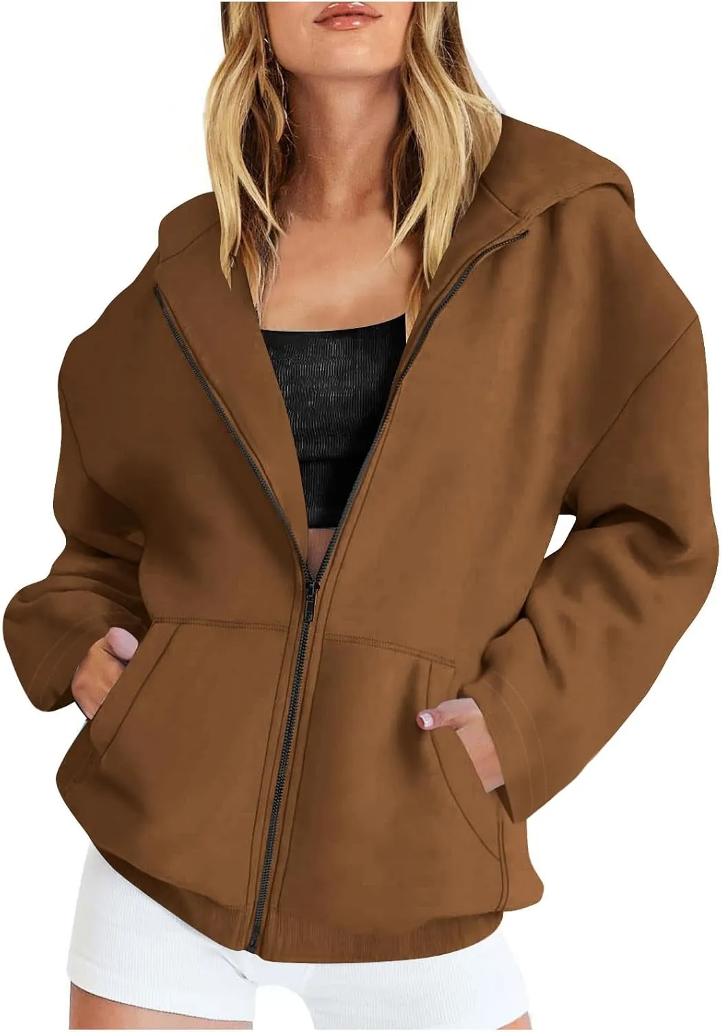 Long Sleeve Hooded Sweatshirt Coat Women Oversize Casual Jacket Zip Up Hoodies Cardigan Loose Outwear Fall Shirt