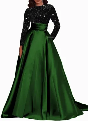Long Sleeve Prom Dresses Sequin Satin Formal Gowns Round Neck Evening Dress A-Line Ball Gown with Pockets