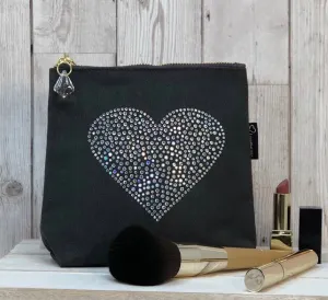 Love Heart Grey Canvas Sparkly Make Up Bag