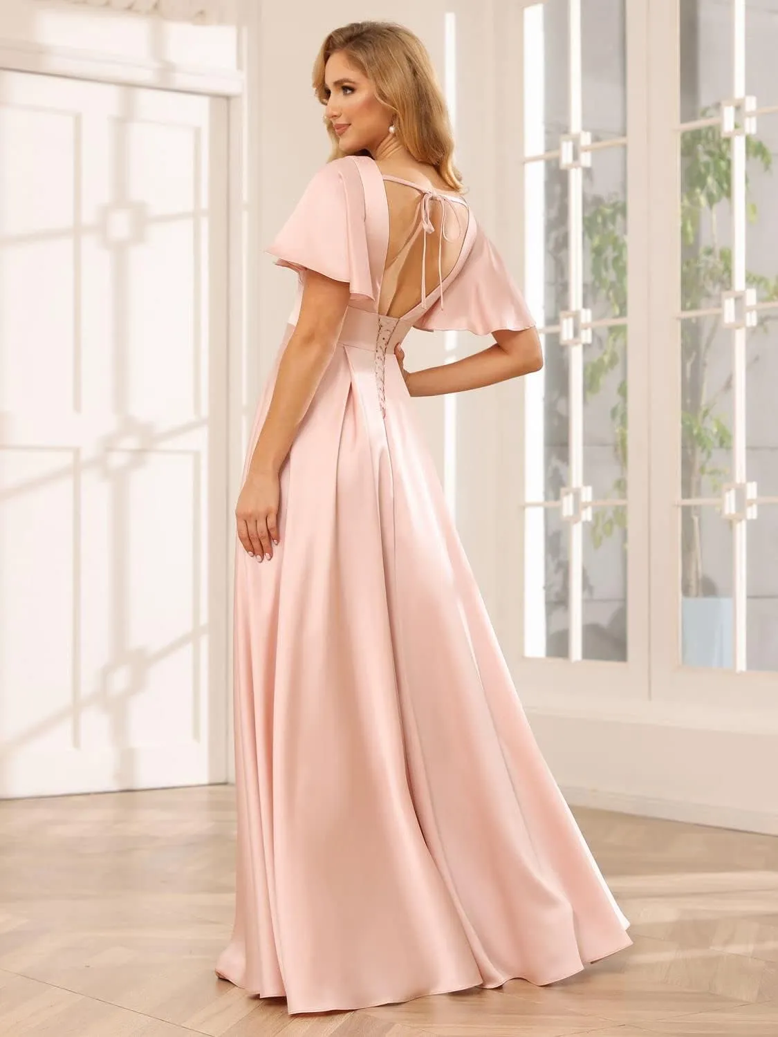 Loyeloy Women's V Neck Ruffle Sleeves Bridesmaid Dresses with Slit 2025 Satin A-Line Formal Evening Gowns