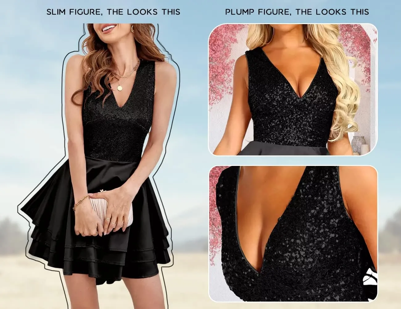 Lrady Women's Sequin Glitter V Neck Skater Mini Club Cocktail Party Swing Dress