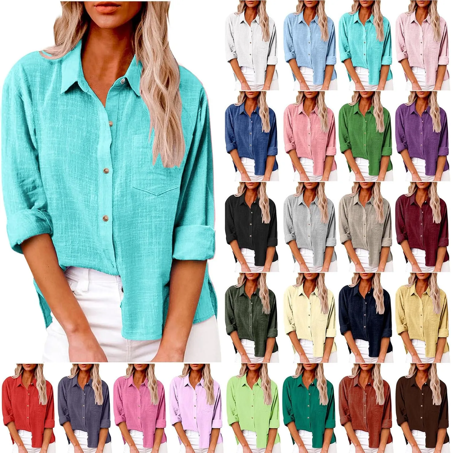 LRMQS Linen Shirts for Women Summer Long Sleeve Lapel Button Down Blouse Lightweight Gauze Loose Casual Fashion Shirt Clothes