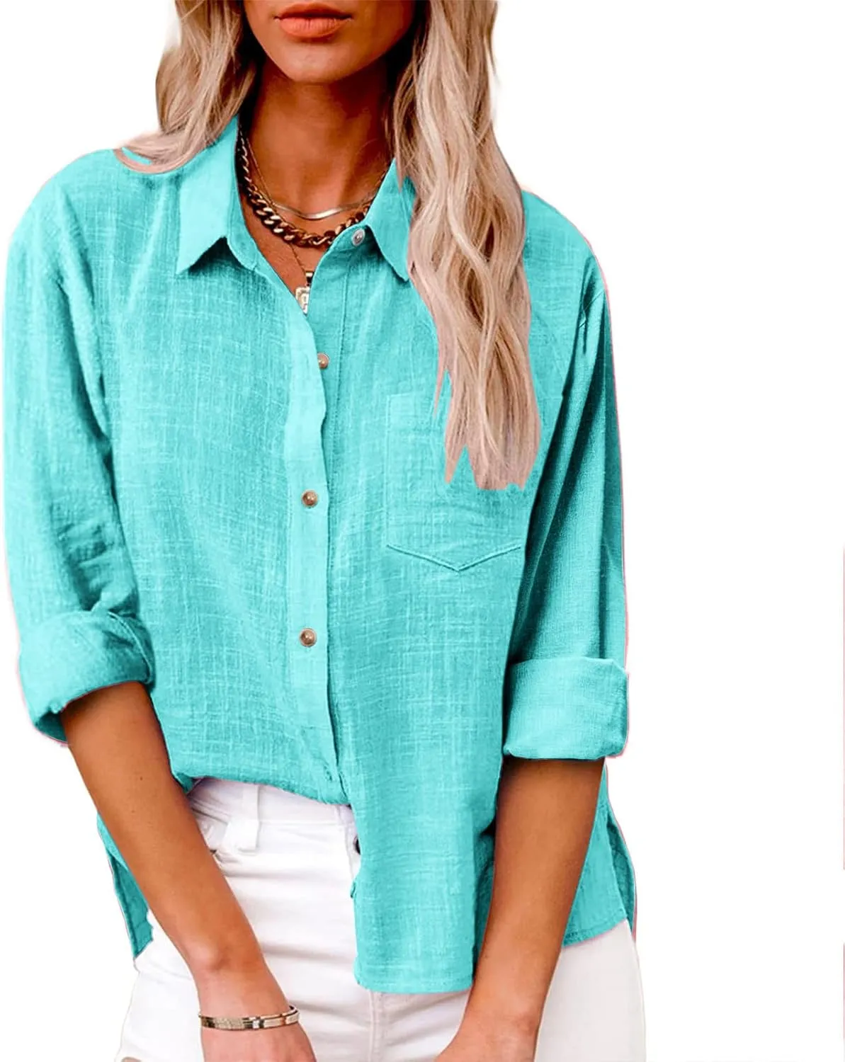 LRMQS Linen Shirts for Women Summer Long Sleeve Lapel Button Down Blouse Lightweight Gauze Loose Casual Fashion Shirt Clothes