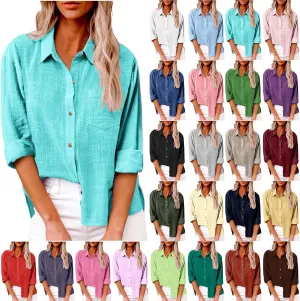 LRMQS Linen Shirts for Women Summer Long Sleeve Lapel Button Down Blouse Lightweight Gauze Loose Casual Fashion Shirt Clothes