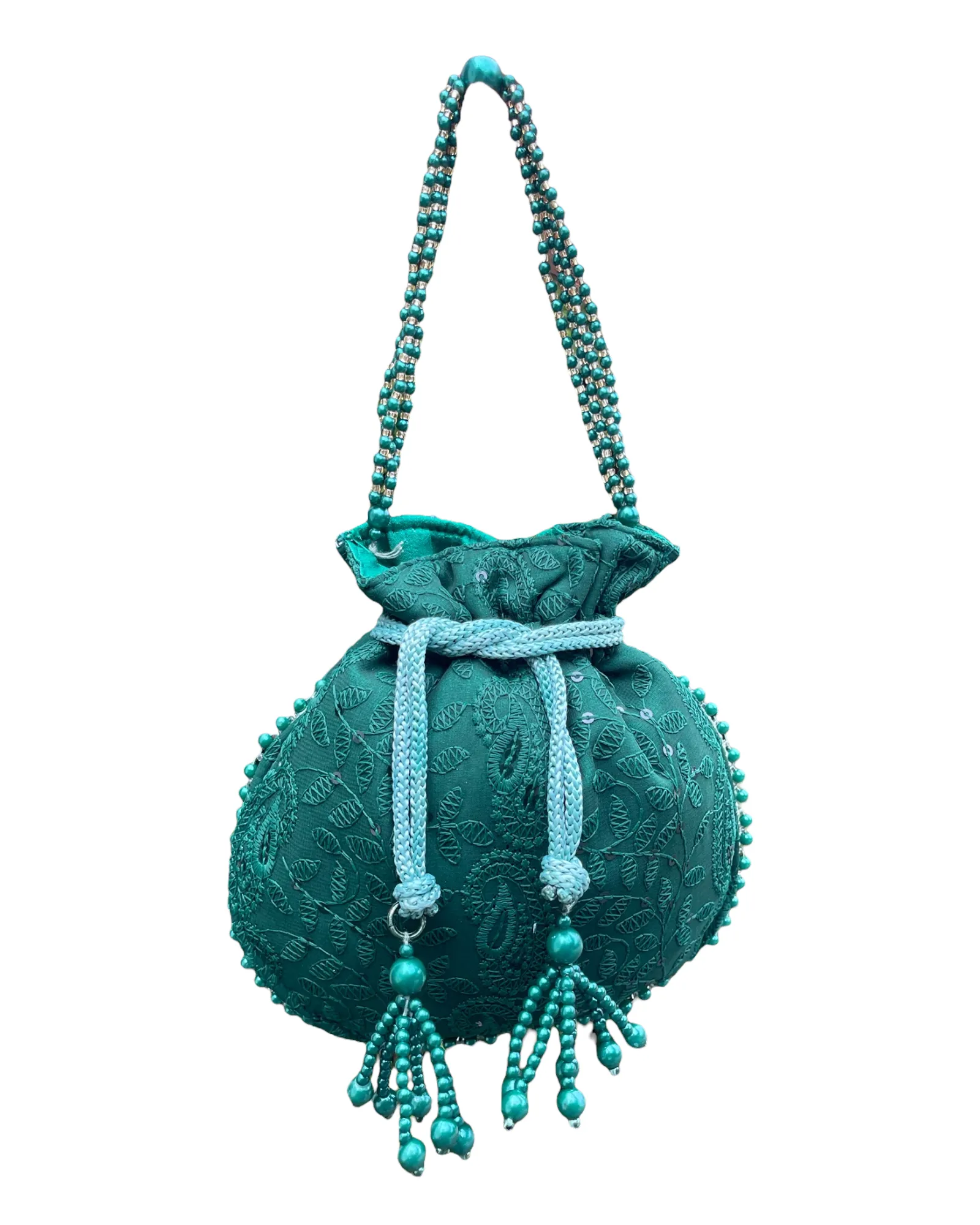 Lucknowi Cotton Hand Potli Bag Purse With Handwork And Tassels #HB18