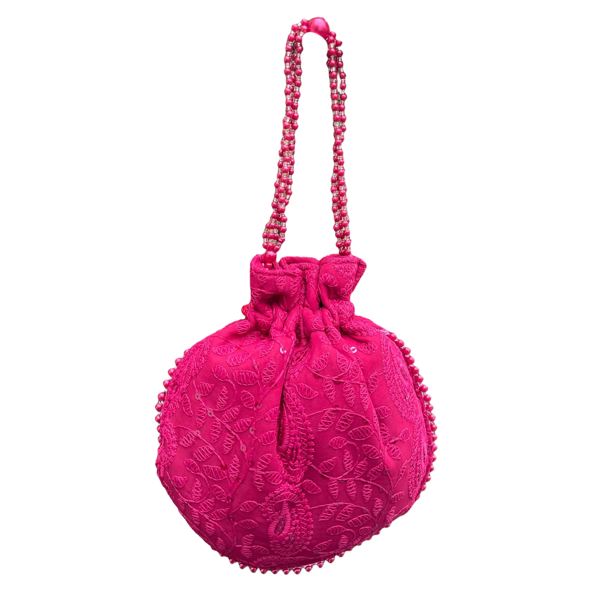Lucknowi Cotton Hand Potli Bag Purse With Handwork And Tassels #HB18