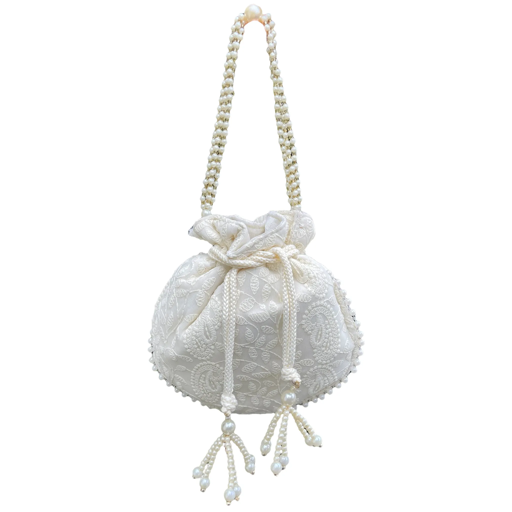 Lucknowi Cotton Hand Potli Bag Purse With Handwork And Tassels #HB18
