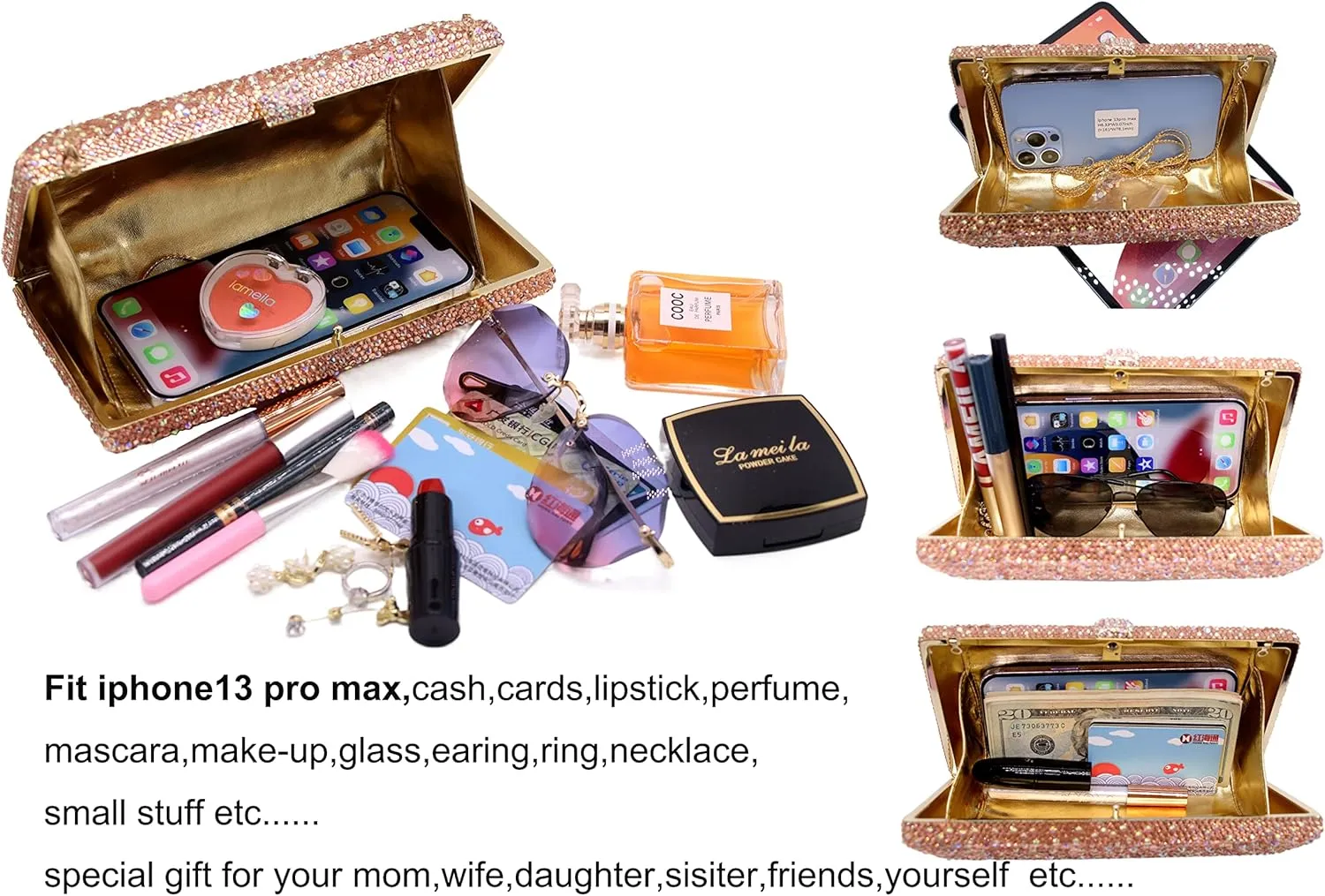 Luxury Crystal Evening Bag for Women Wedding Rhinestone Cocktail Party Clutch Purses AB Stone Prom Metal Box Handbag